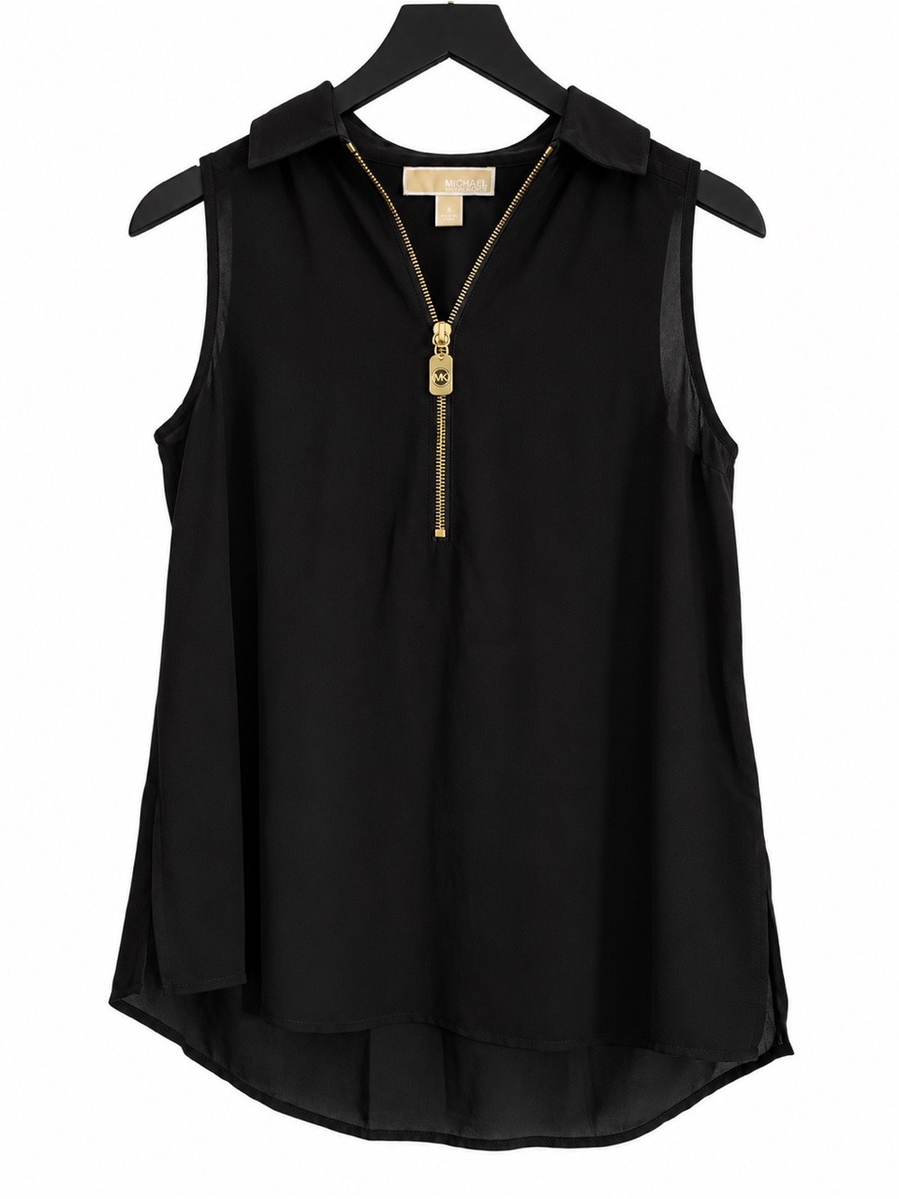 MICHAEL Michael Kors Black Sleeveless Zip-Collar Blouse with Gold Hardware